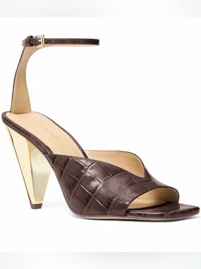 Michael Kors Electra Sandal in Chocolate Leather and gold cone heel. NWB Sz 10